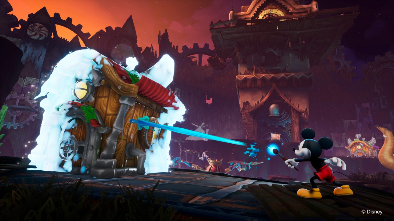 Platino di Epic Mickey Rebrushed: Topolino usa la vernice su un edificio di Rifiutolandia