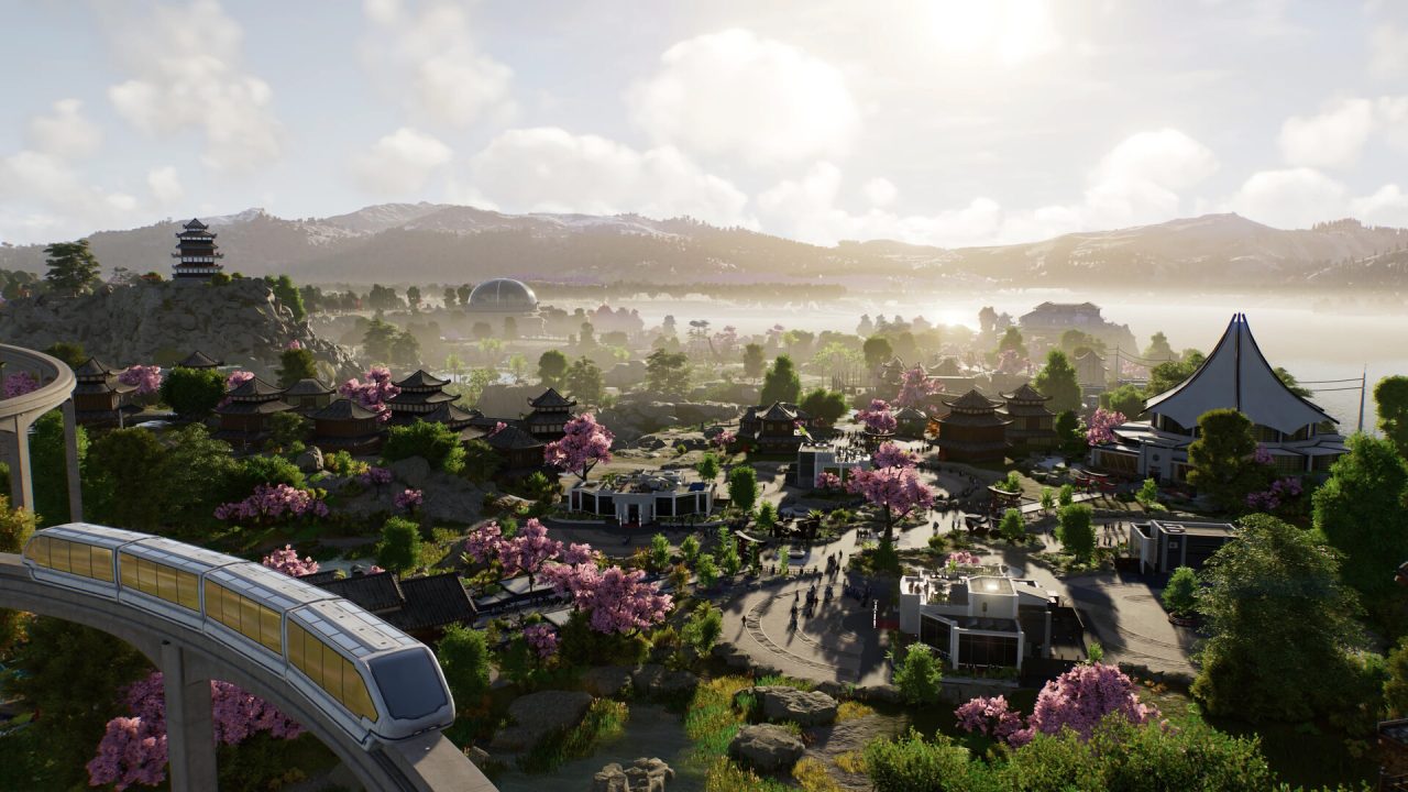 Jurassic World Evolution 3 trofei: la monorotaia attraversa un parco in stile giapponese