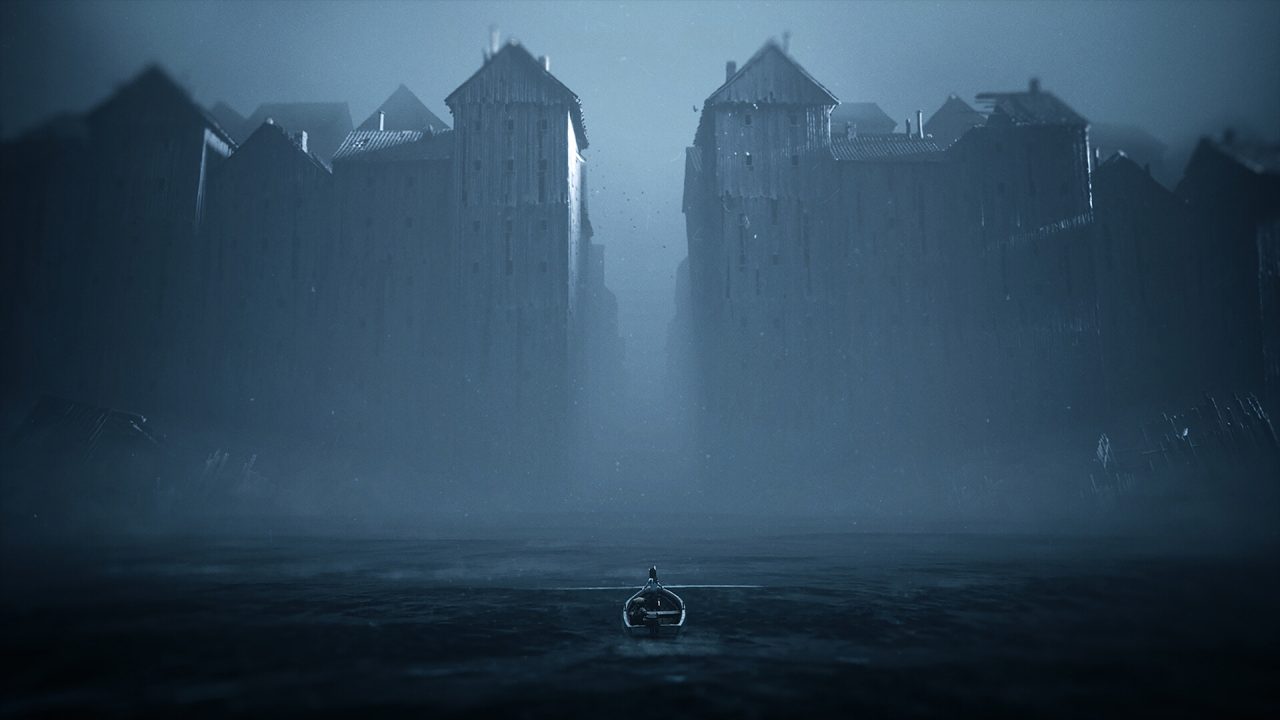 Platino di Reanimal: la piccola barca tra gli edifici avvolti nella nebbia
