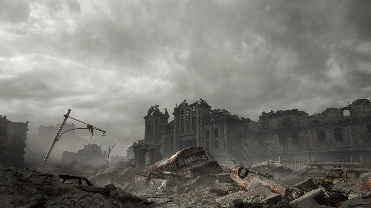 Resident Evil Requiem trofei: le rovine di Raccoon City sotto un cielo grigio