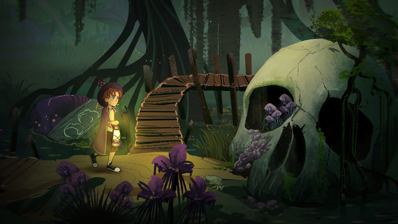 Platino di Simon the Sorcerer Origins: Simon nella palude accanto a un enorme teschio