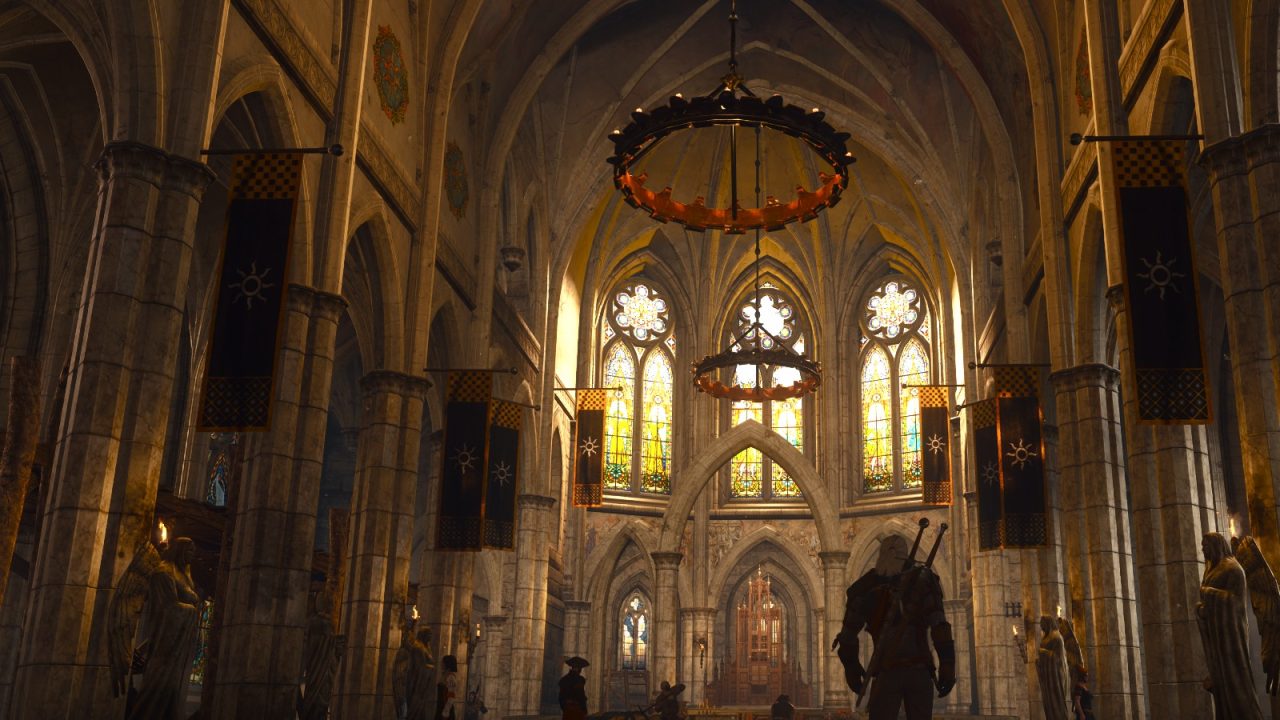Geralt in una cattedrale in The Witcher 3 Remastered