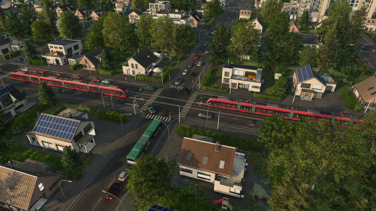 Transport Fever 3, una città con treni regionali, tram e traffico stradale