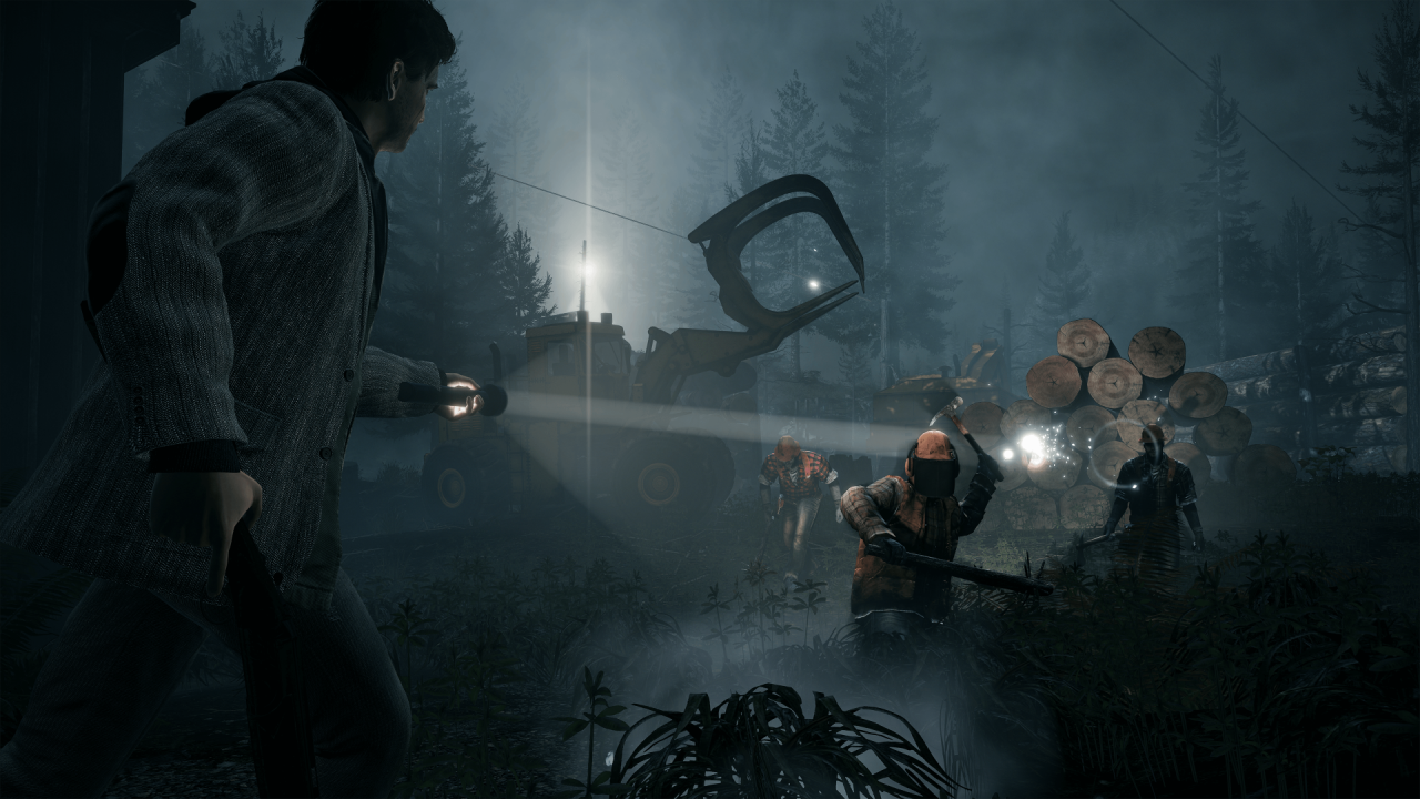 Platino di Alan Wake Remastered: Alan affronta dei posseduti nel bosco con la torcia