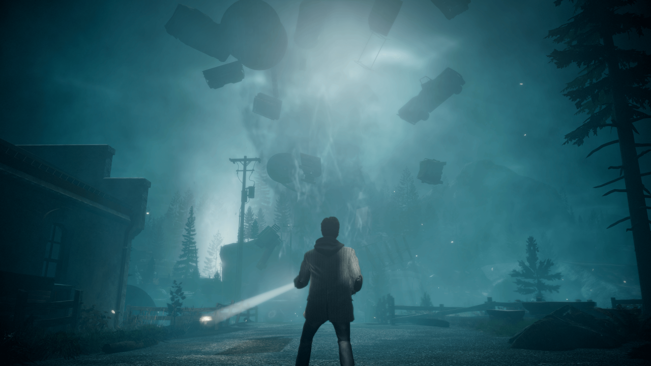 Alan Wake Remastered trofei: Alan davanti a una tempesta di oggetti sollevati dal vento