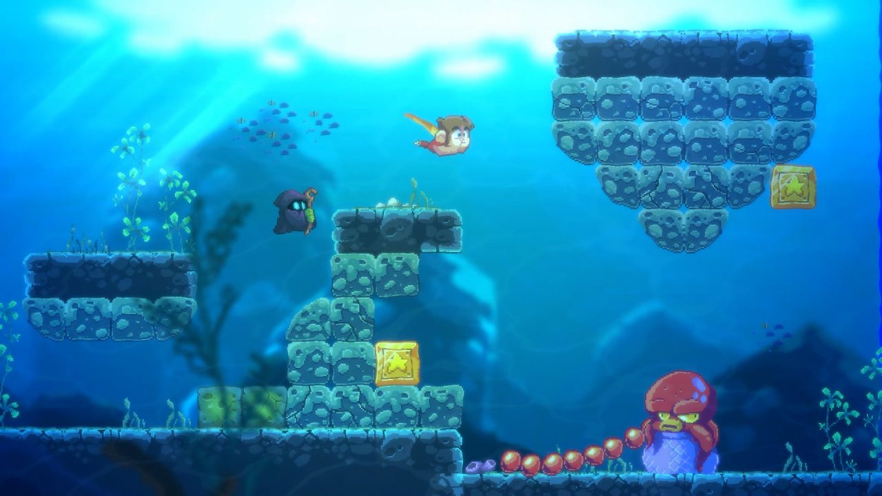 Platino di Alex Kidd in Miracle World DX: Alex nuota in un livello subacqueo con un polpo