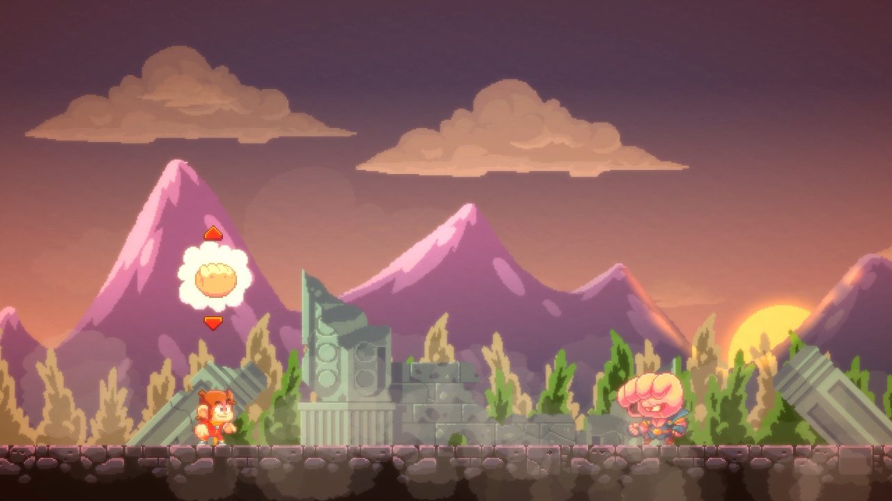 Alex Kidd in Miracle World DX trofei: Alex in un paesaggio con montagne e rovine