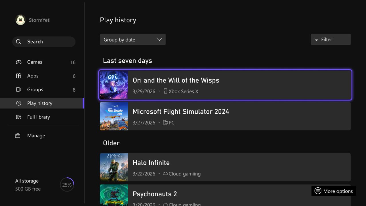 App Xbox per PC: la schermata della cronologia di gioco con titoli installati e in cloud