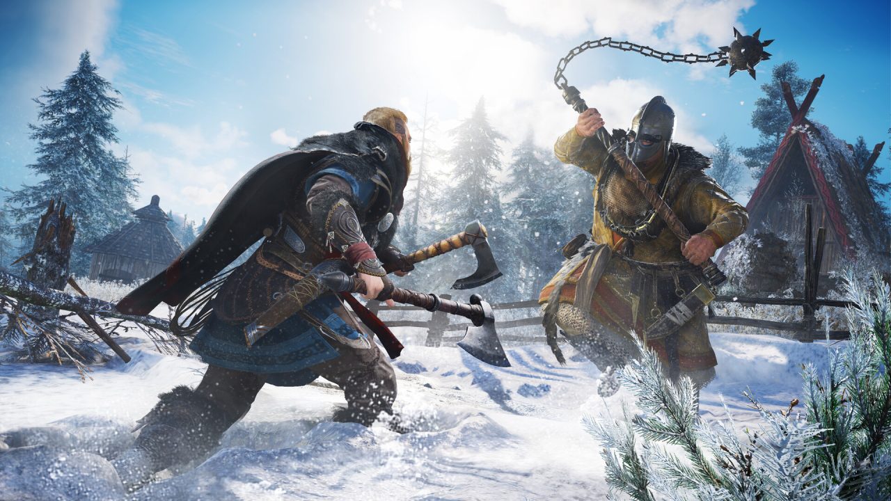 Assassin's Creed Valhalla trofei: Eivor combatte nella neve contro un nemico con una mazza chiodata