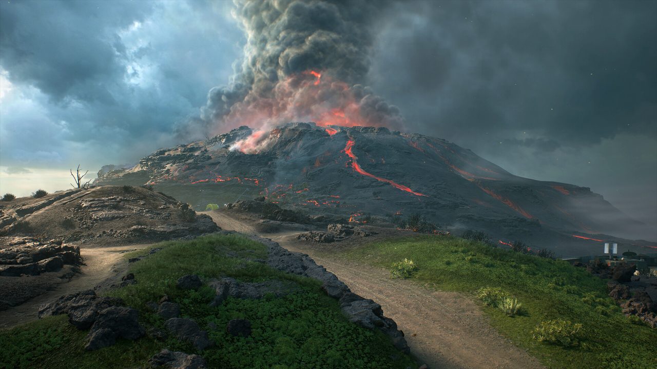 Platino di Battlefield 2042: un vulcano in eruzione sopra una mappa