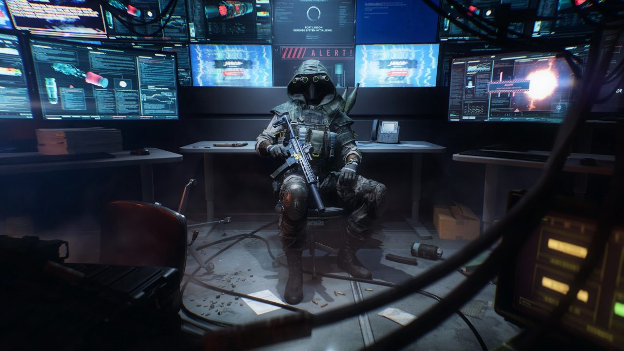 Battlefield 6 Game Pass: un soldato seduto in una sala di controllo piena di monitor