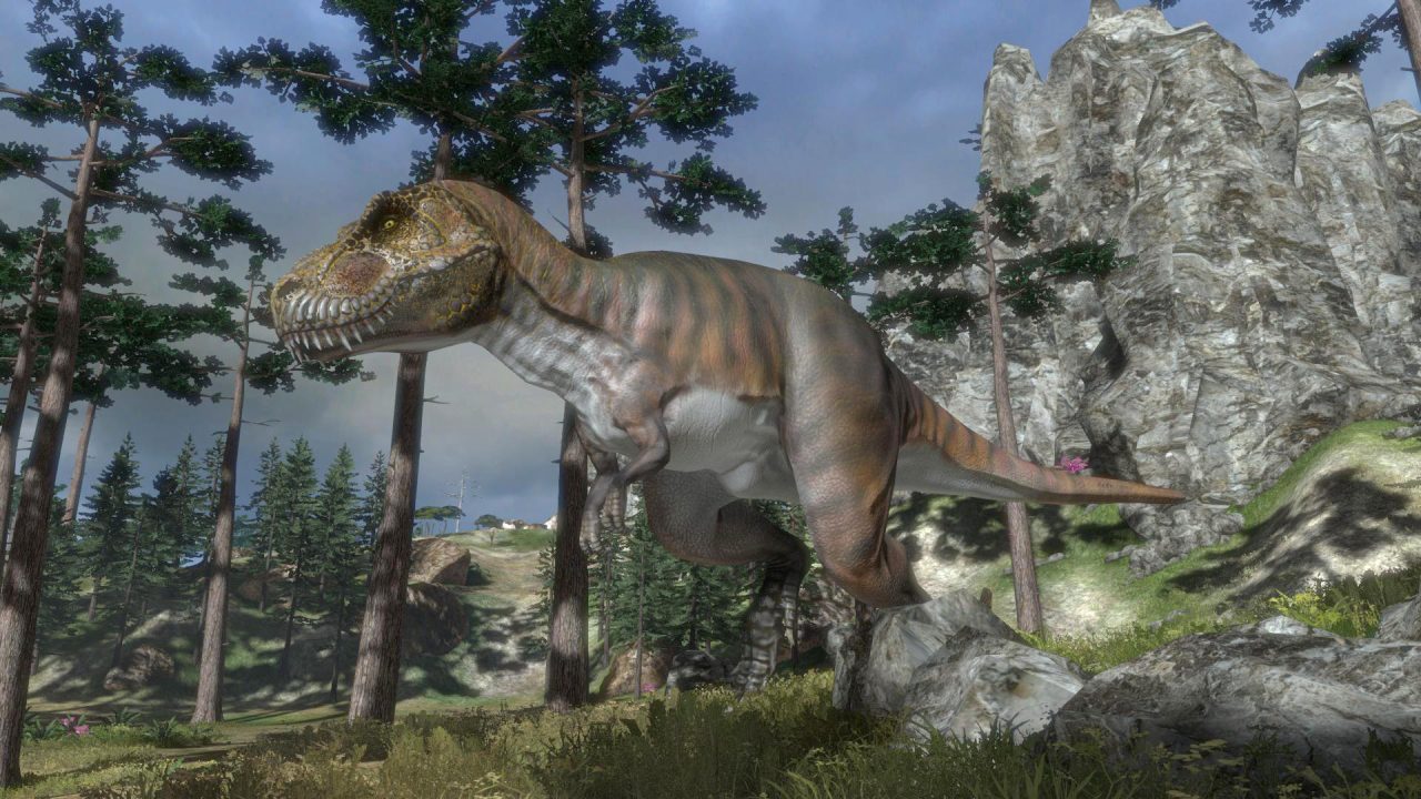 Platino di Carnivores: Dinosaur Hunt: un Tirannosauro tra rocce e pini in una vallata