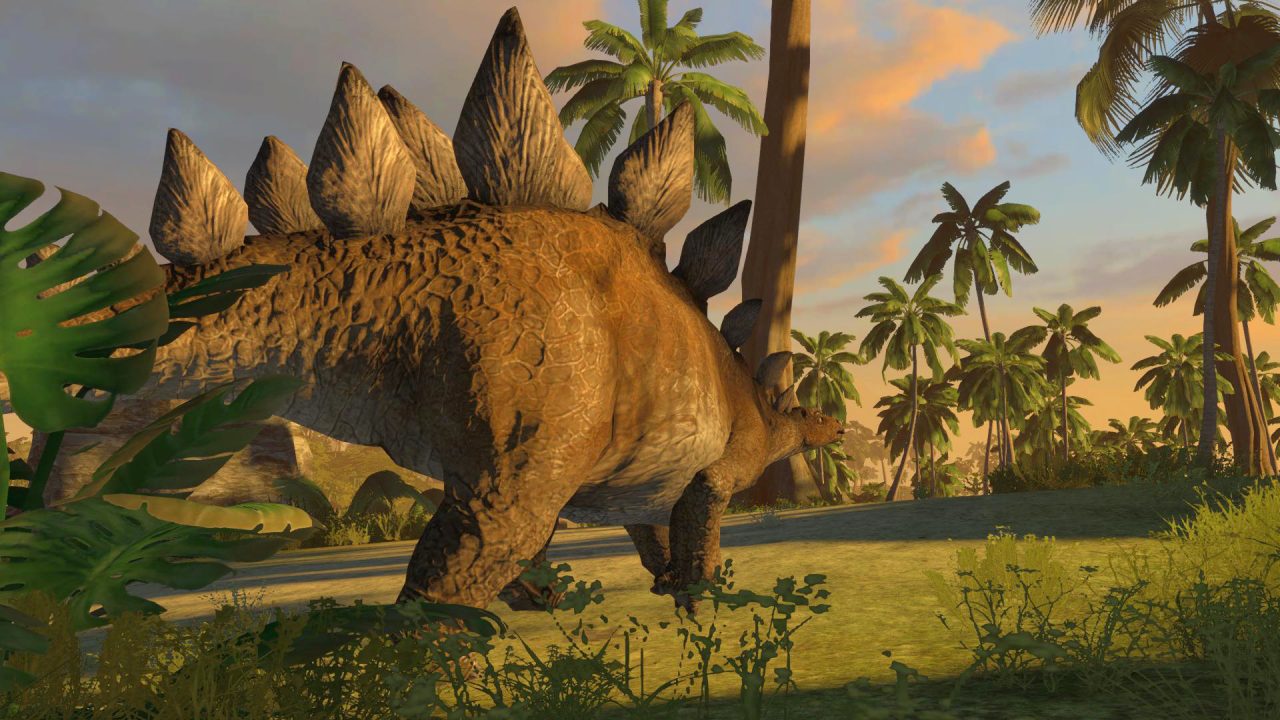 Carnivores: Dinosaur Hunt trofei: uno stegosauro al tramonto tra le palme