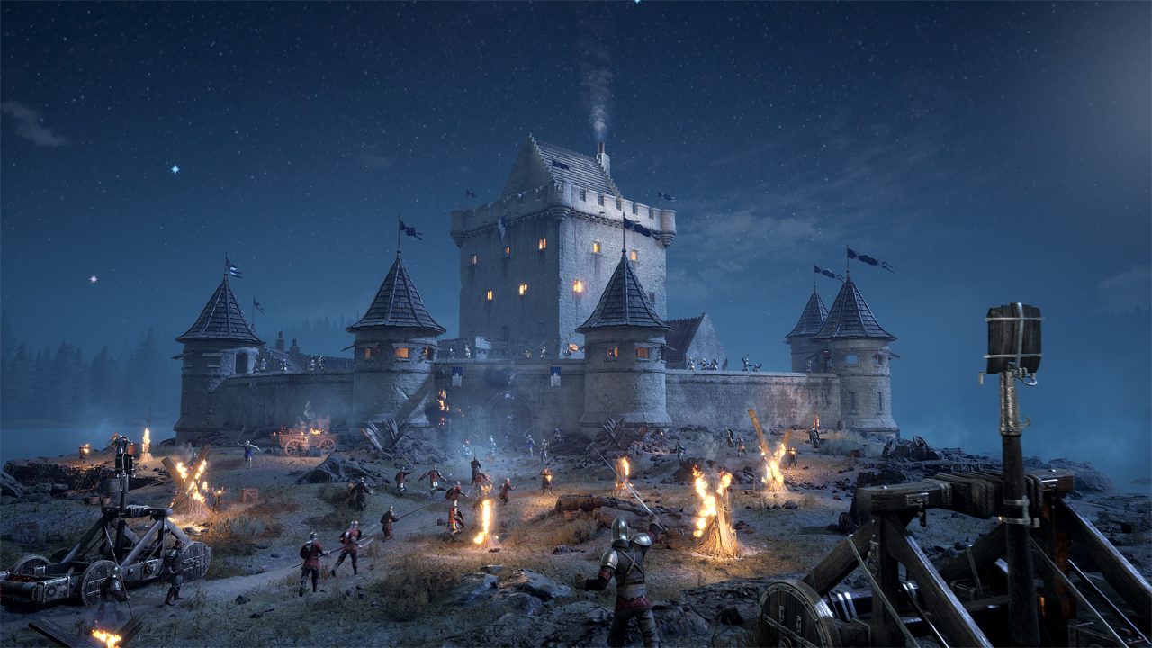 Chivalry 2 trofei: un castello illuminato di notte con catapulte e fuochi nel campo