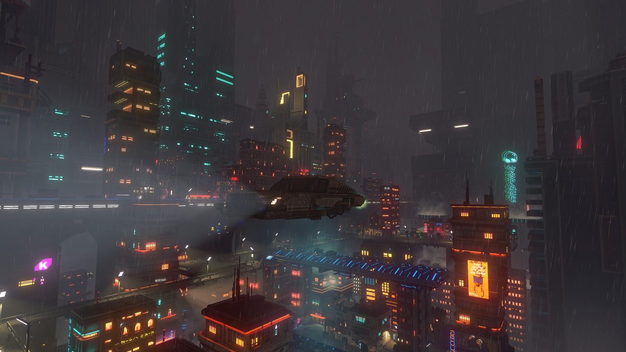 Platino di Cloudpunk: un veicolo sopra le luci della città al buio