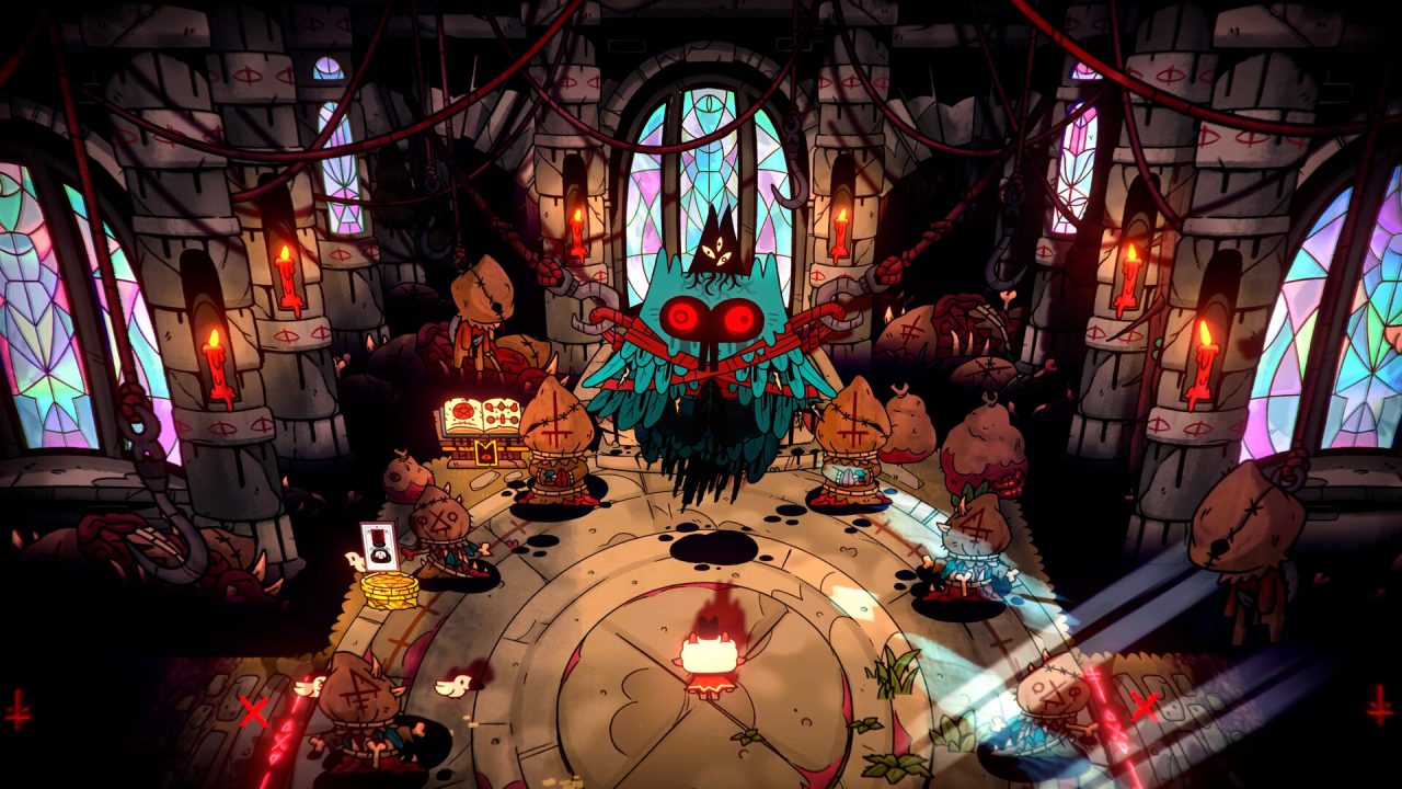 Cult of the Lamb su Switch 2: l'interno della chiesa con le vetrate