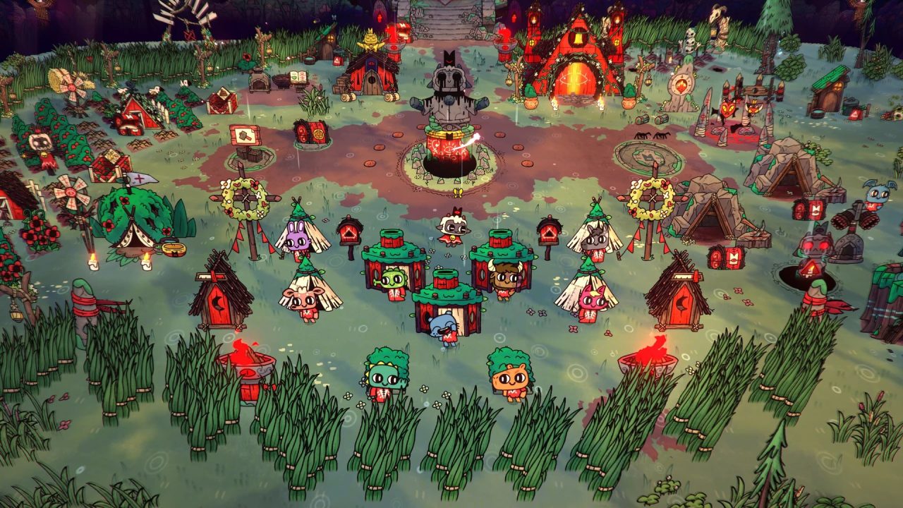Cult of the Lamb trofei: il villaggio del culto con i seguaci e i campi