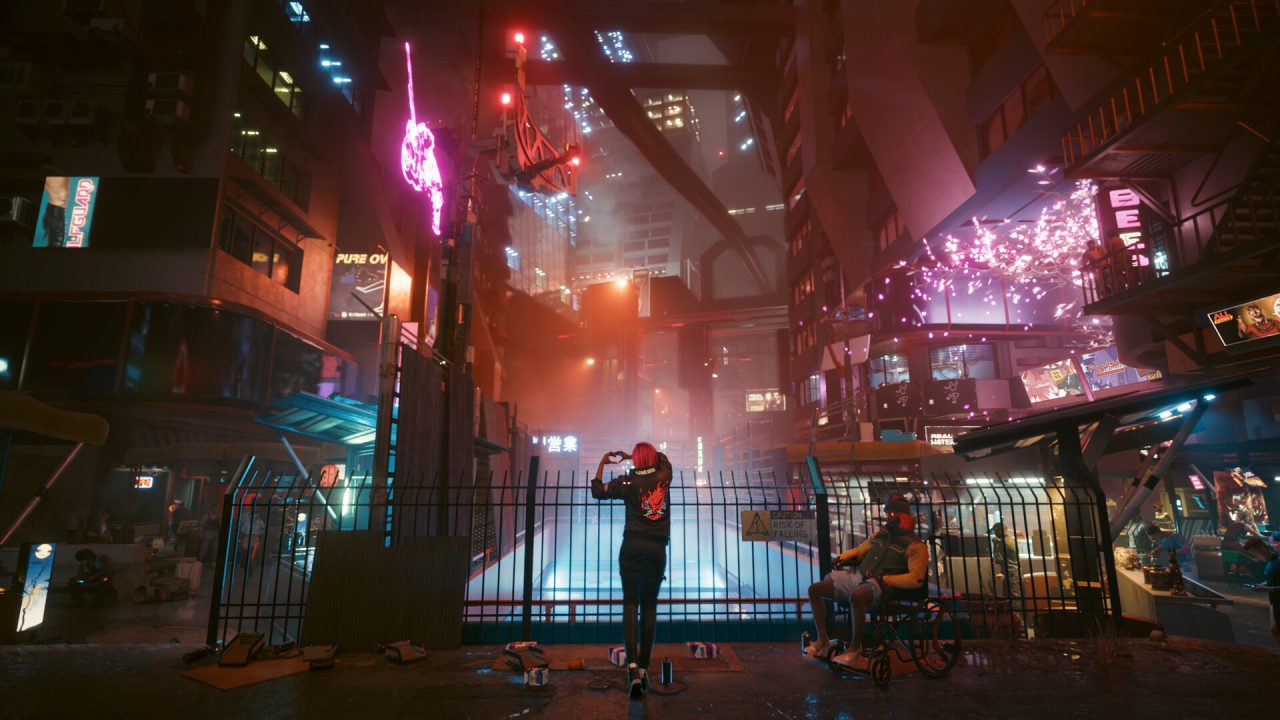 Platino di Cyberpunk 2077: un vicolo di Night City illuminato da insegne al neon