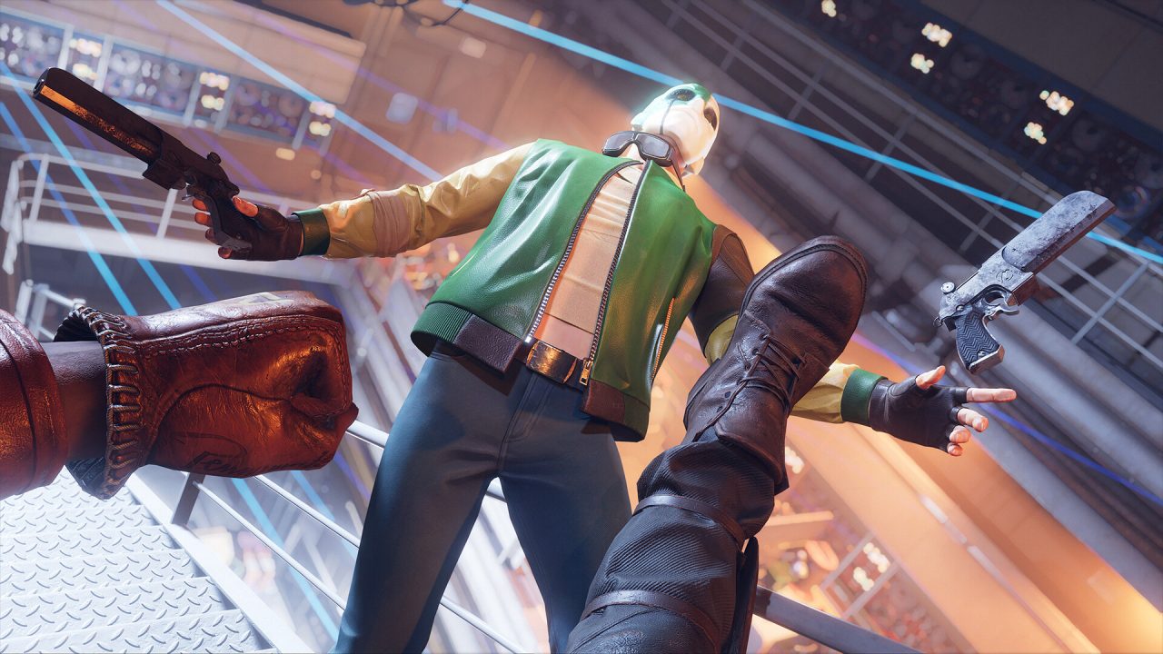 Platino di Deathloop: Colt colpisce un nemico che salta in una stanza illuminata al neon