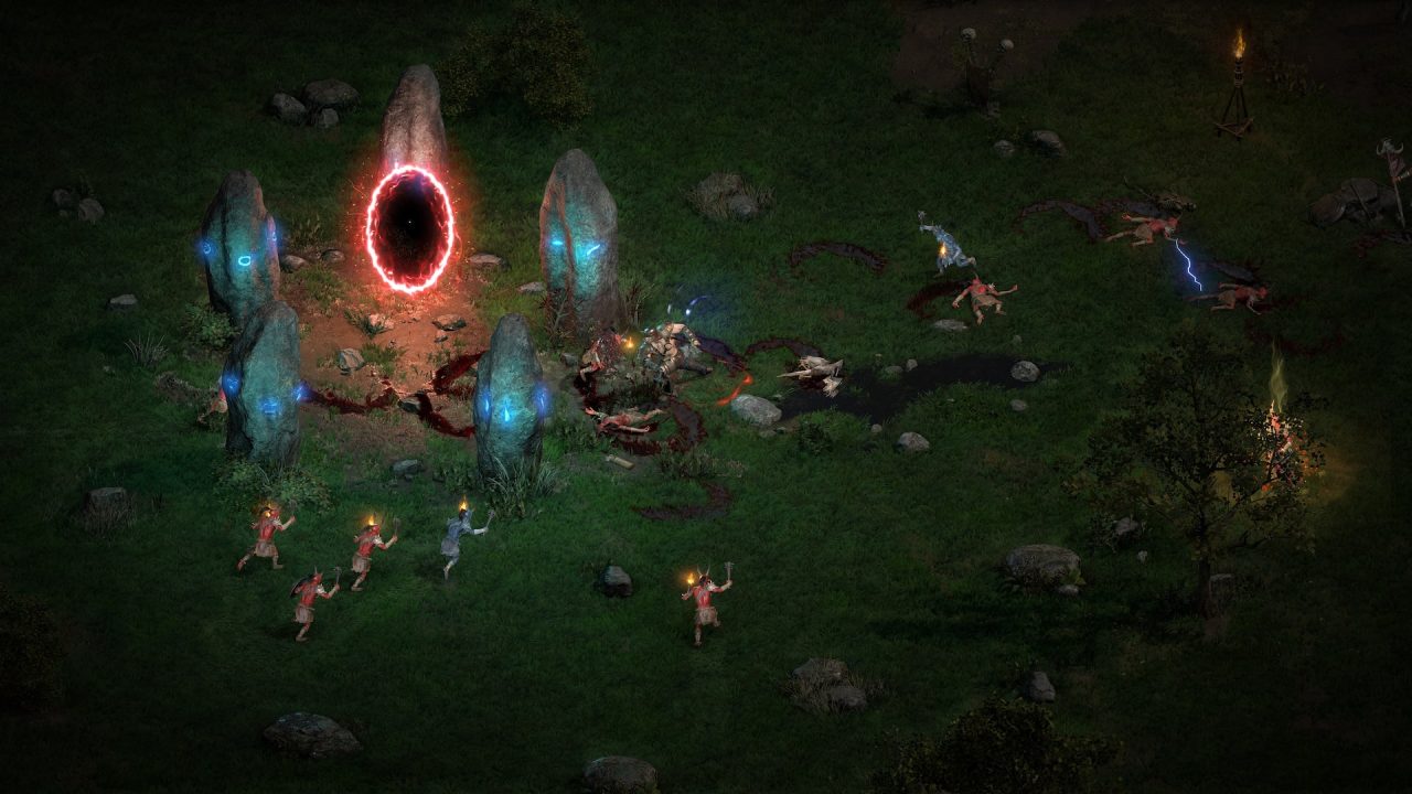 Platino di Diablo II Resurrected: un portale rosso in mezzo a un prato notturno