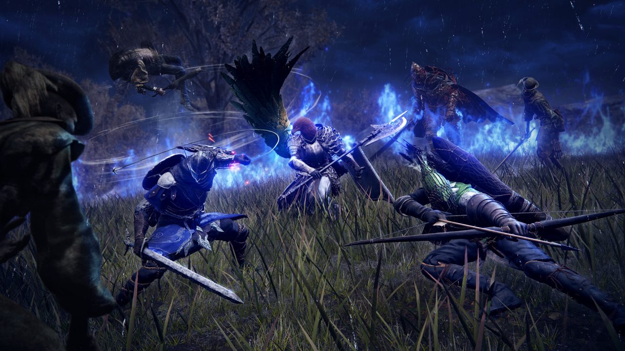 Elden Ring Nightreign trofei: il gruppo combatte i nemici nell'erba alta