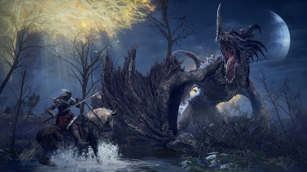 Platino di Elden Ring: il cavaliere a cavallo contro un drago nella palude