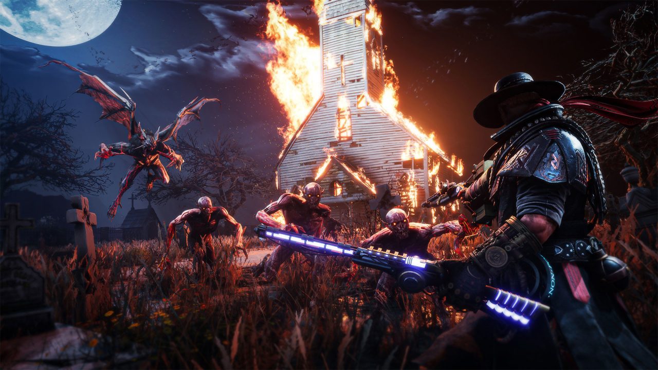 Platino di Evil West: Jesse davanti a una chiesa in fiamme