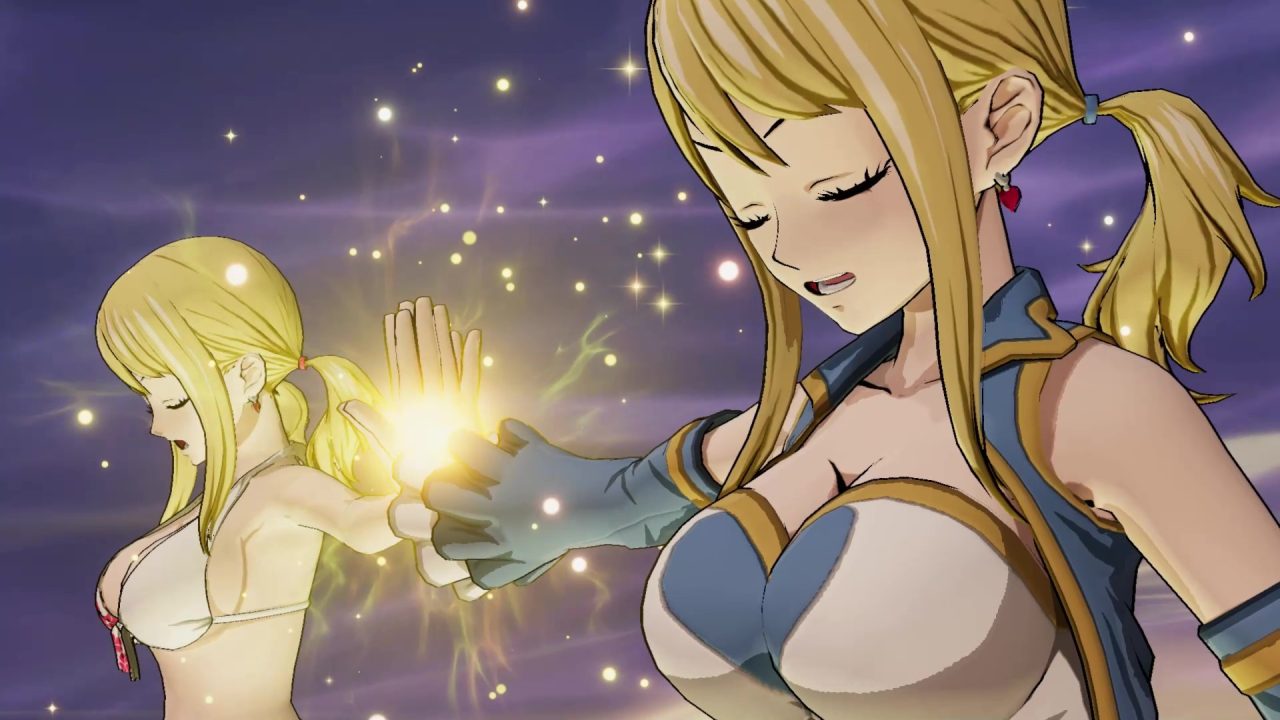 Platino di Fairy Tail: Lucy richiama una magia in una scena di luci dorate