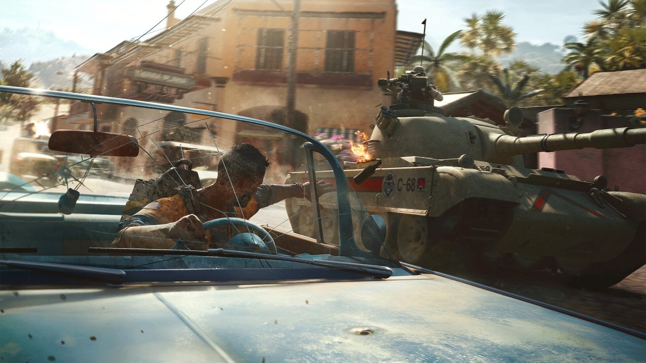 Platino di Far Cry 6: un'auto d'epoca e un carro armato nelle strade di Esperanza