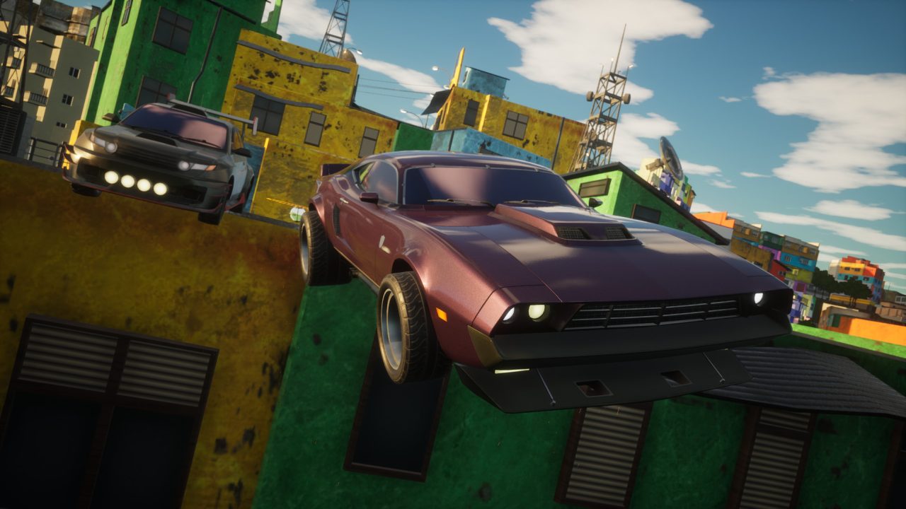 Platino di Fast & Furious Spy Racers: un'auto in salto su un percorso tra edifici colorati