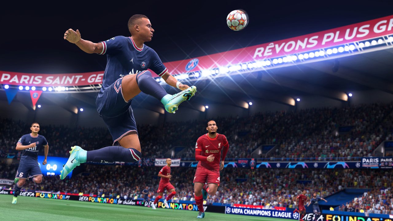 Platino di FIFA 22: un calciatore in maglia blu salta per controllare il pallone in una partita europea