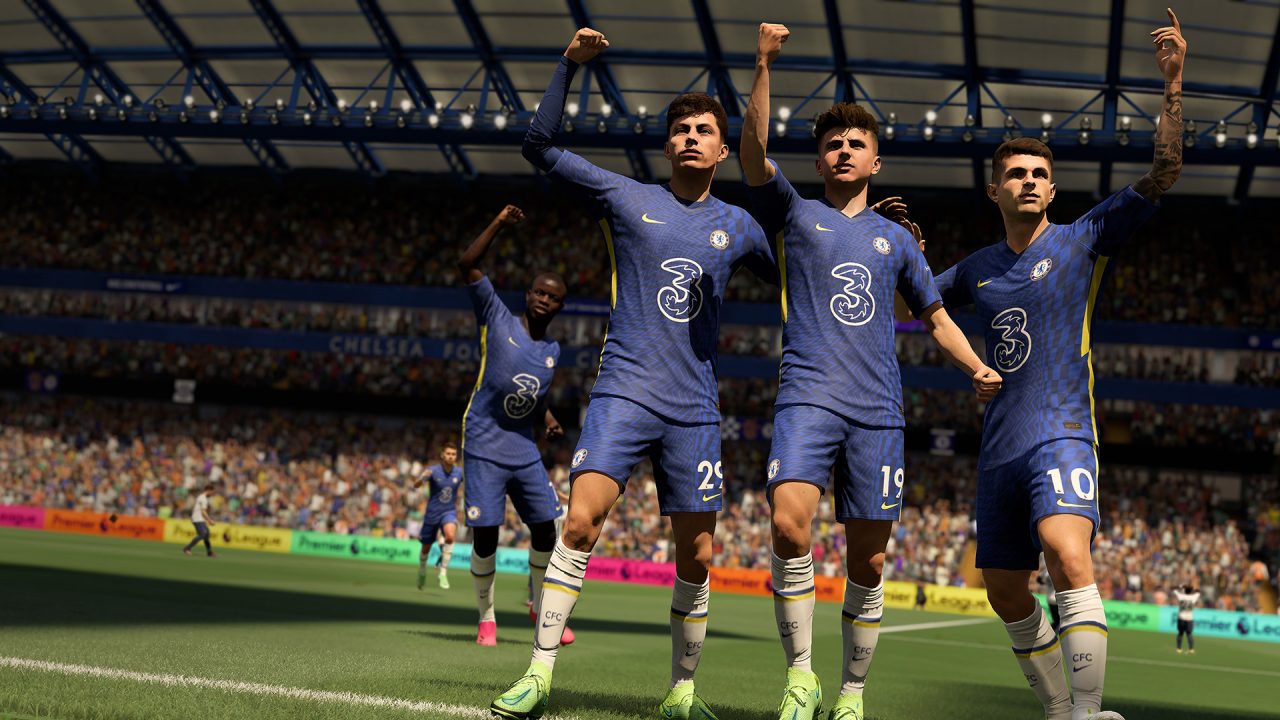 FIFA 22 trofei: i giocatori del Chelsea festeggiano un gol sul campo