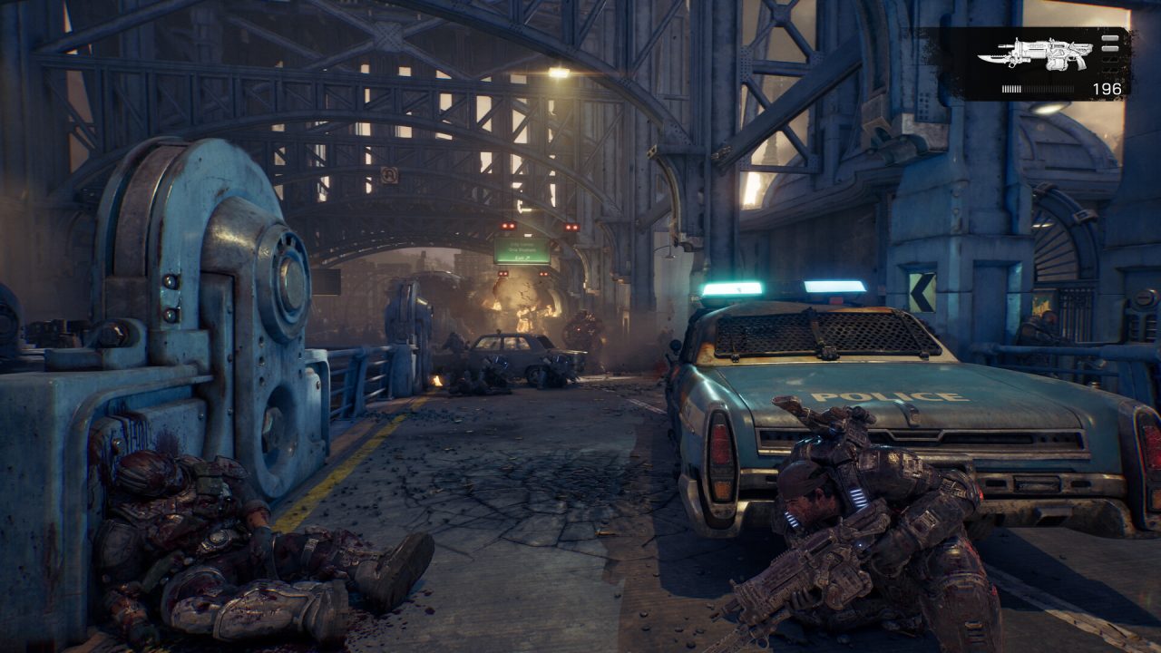 Gears of War: E-Day, strada cittadina con auto della polizia