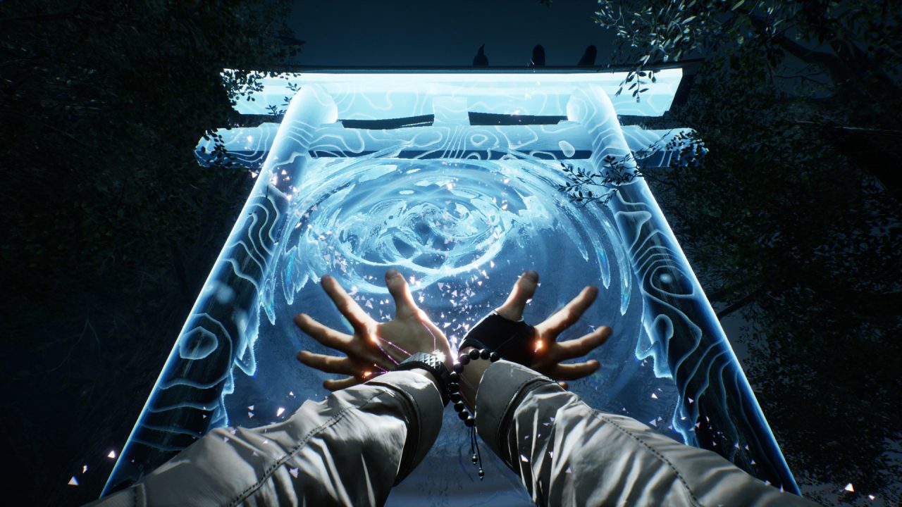 GOG Preservation Program: Ghostwire Tokyo, mani in primo piano davanti a un portale blu
