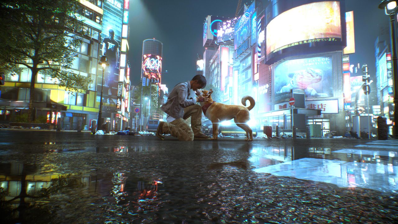 Ghostwire Tokyo trofei: un uomo accarezza un cane in una strada neon di Shibuya