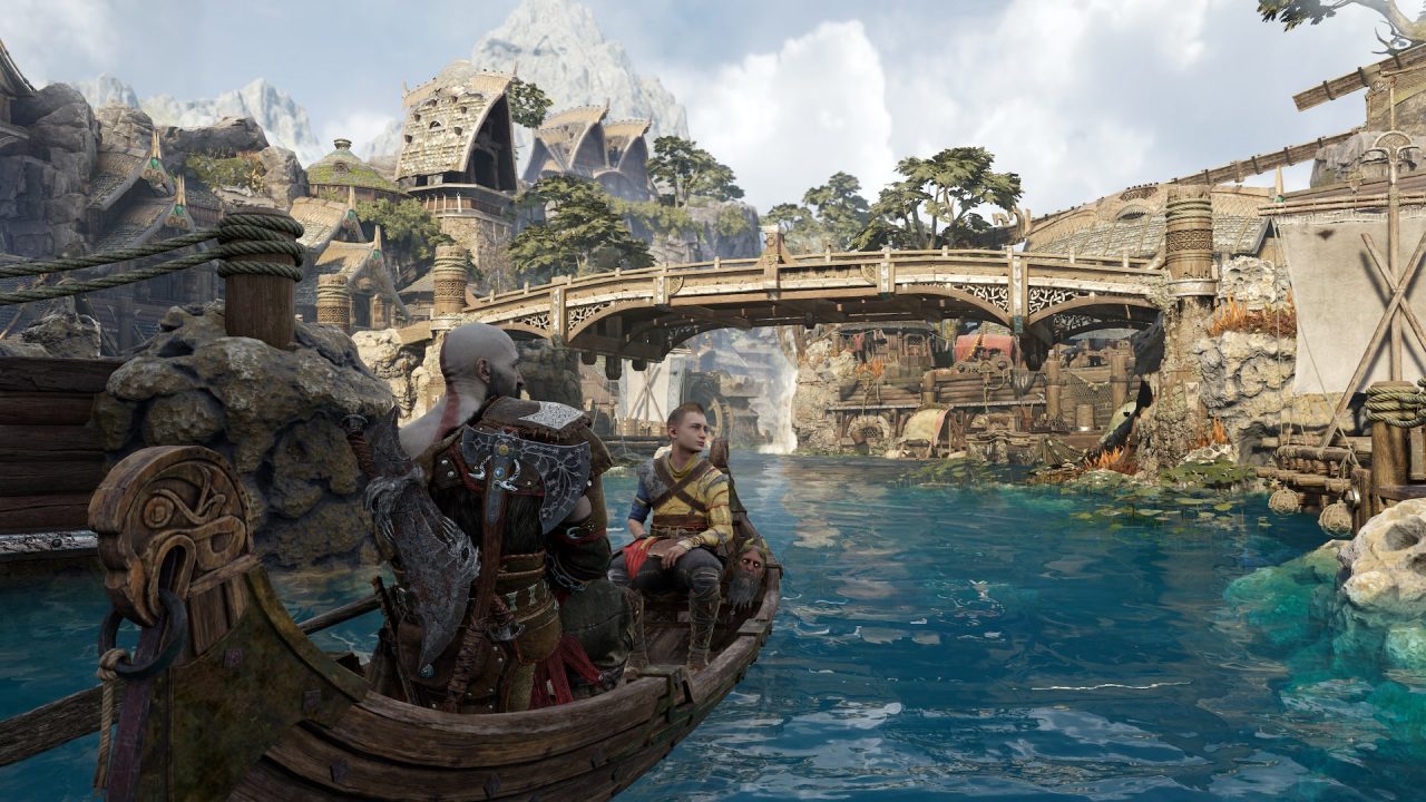 God of War Ragnarök trofei: Kratos e Atreus in barca a Svartalfheim