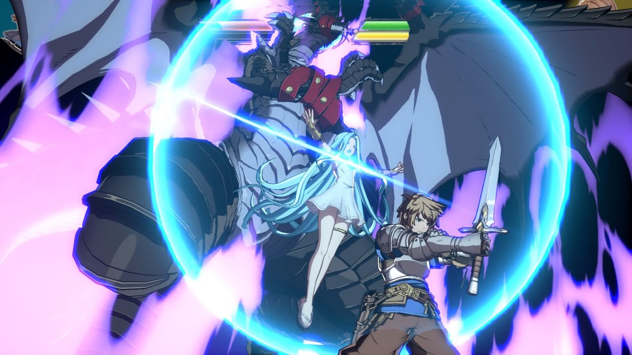 Platino di Granblue Fantasy: Versus: uno scontro con una barriera luminosa e un attacco spettacolare