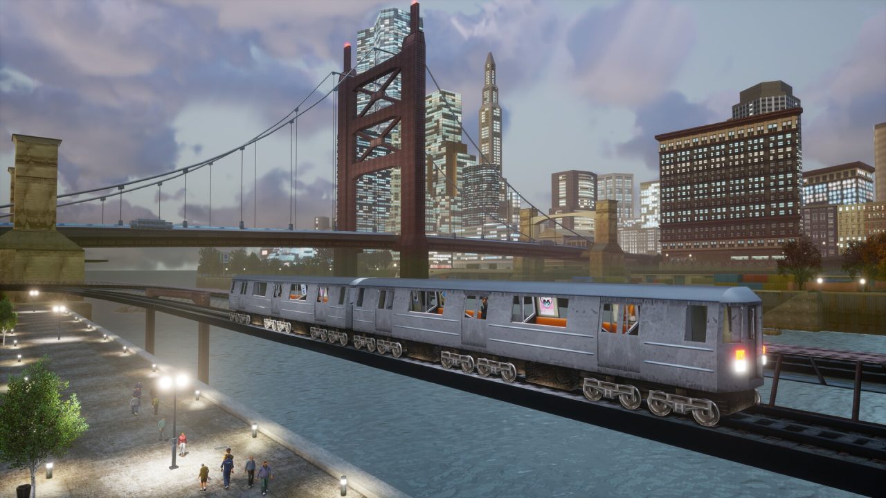 Platino di Grand Theft Auto III: un treno sopraelevato attraversa Liberty City al crepuscolo