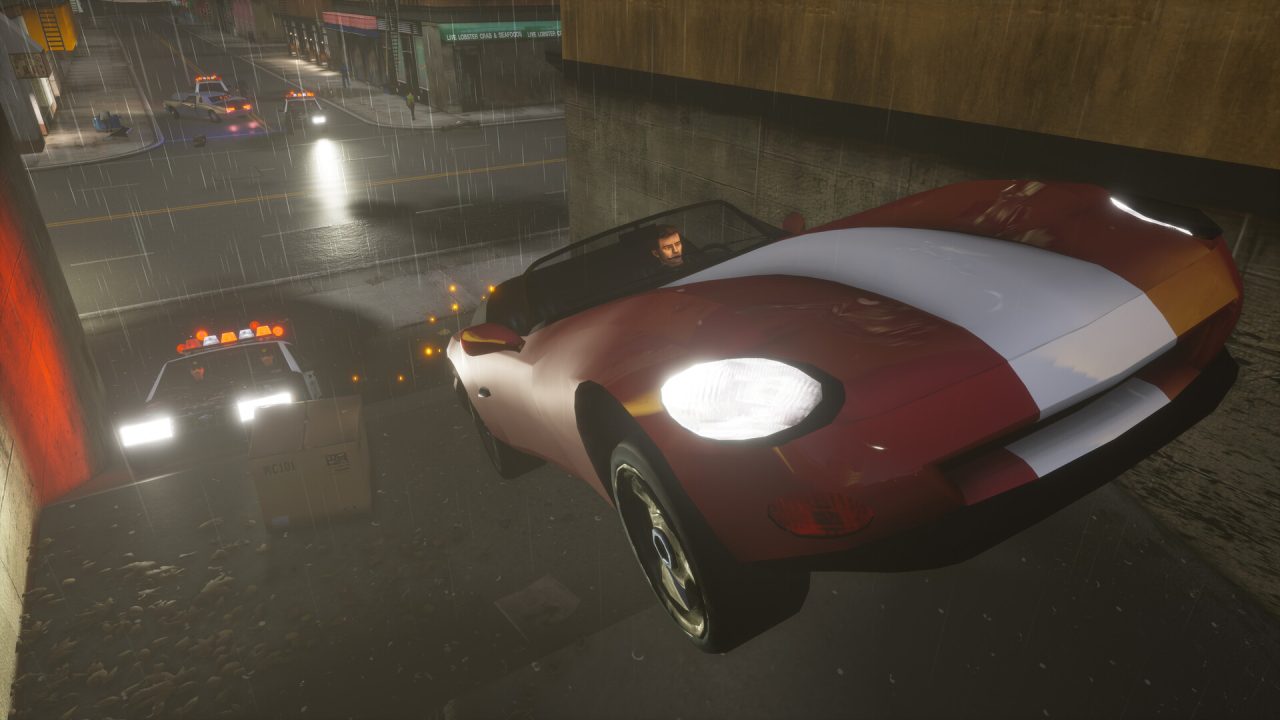 Grand Theft Auto III trofei: una sportiva rossa in curva con una volante alle spalle