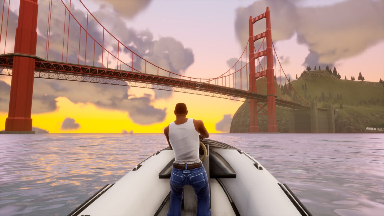 Platino di Grand Theft Auto San Andreas: CJ su un gommone davanti a un ponte sospeso al tramonto