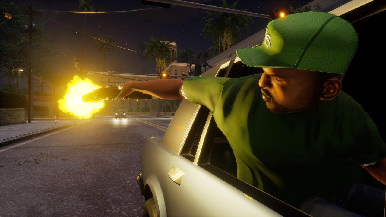 Grand Theft Auto San Andreas trofei: un membro della gang spara dal finestrino di un'auto di notte