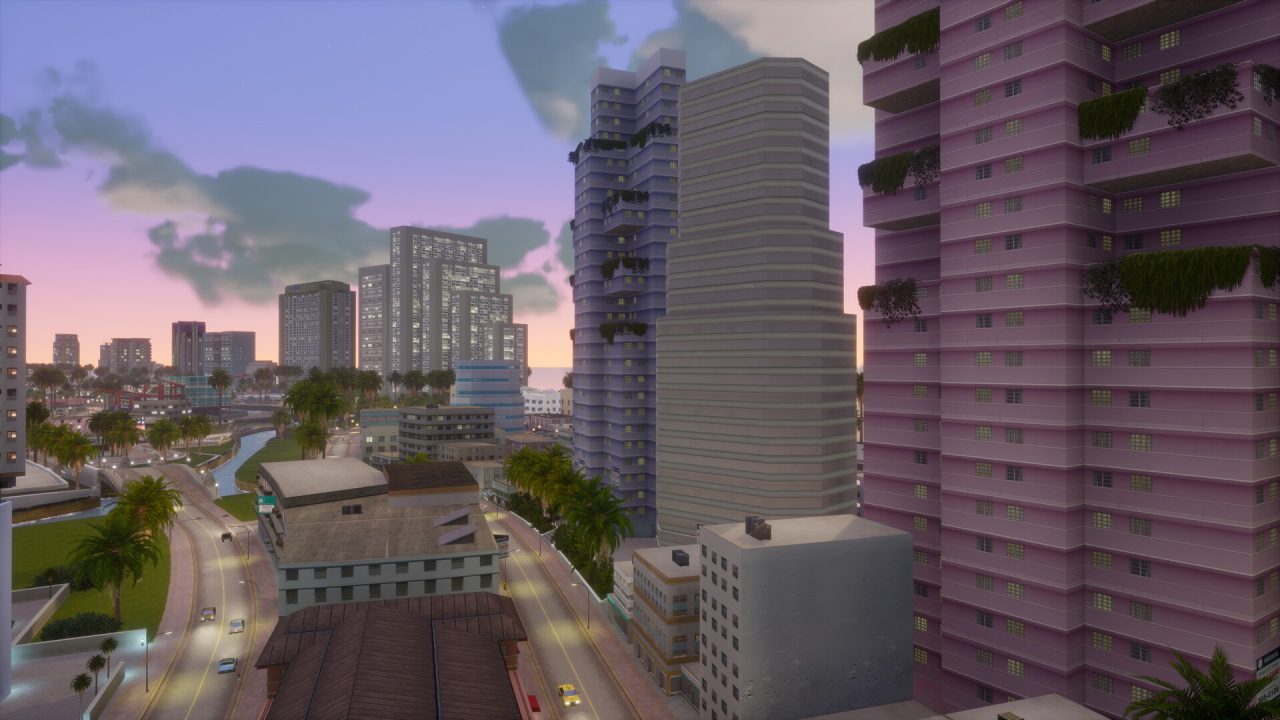 Platino di Grand Theft Auto Vice City: i grattacieli di Vice City visti dall'alto al tramonto