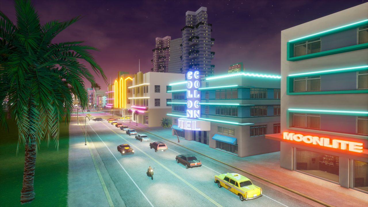 Grand Theft Auto Vice City trofei: una strada di Vice City al tramonto con neon e un taxi giallo