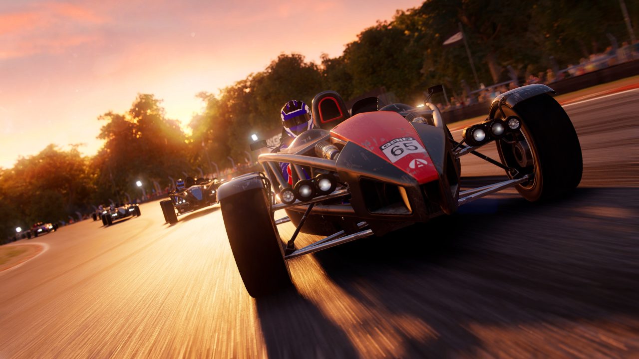 GRID Legends trofei: una monoposto a ruote scoperte al tramonto