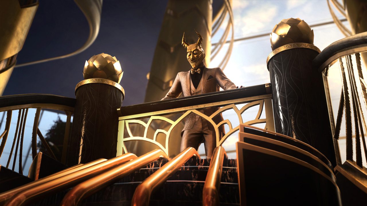 Platino di Hitman 3: un uomo mascherato su un balcone dorato sopra una scalinata