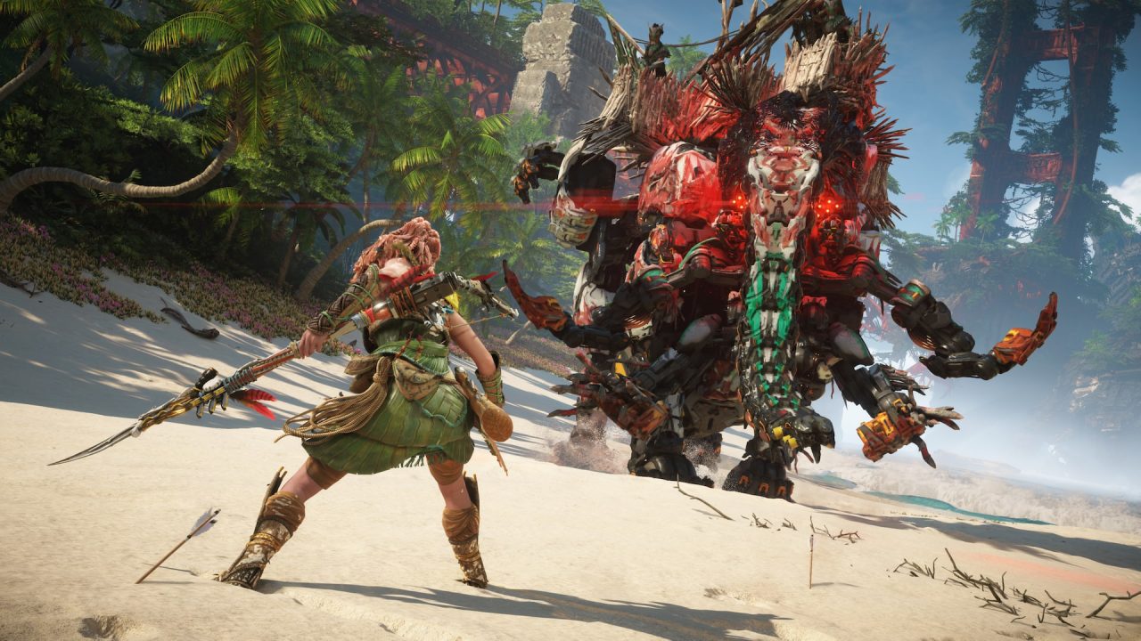 Platino di Horizon Forbidden West: Aloy affronta una macchina sulla spiaggia