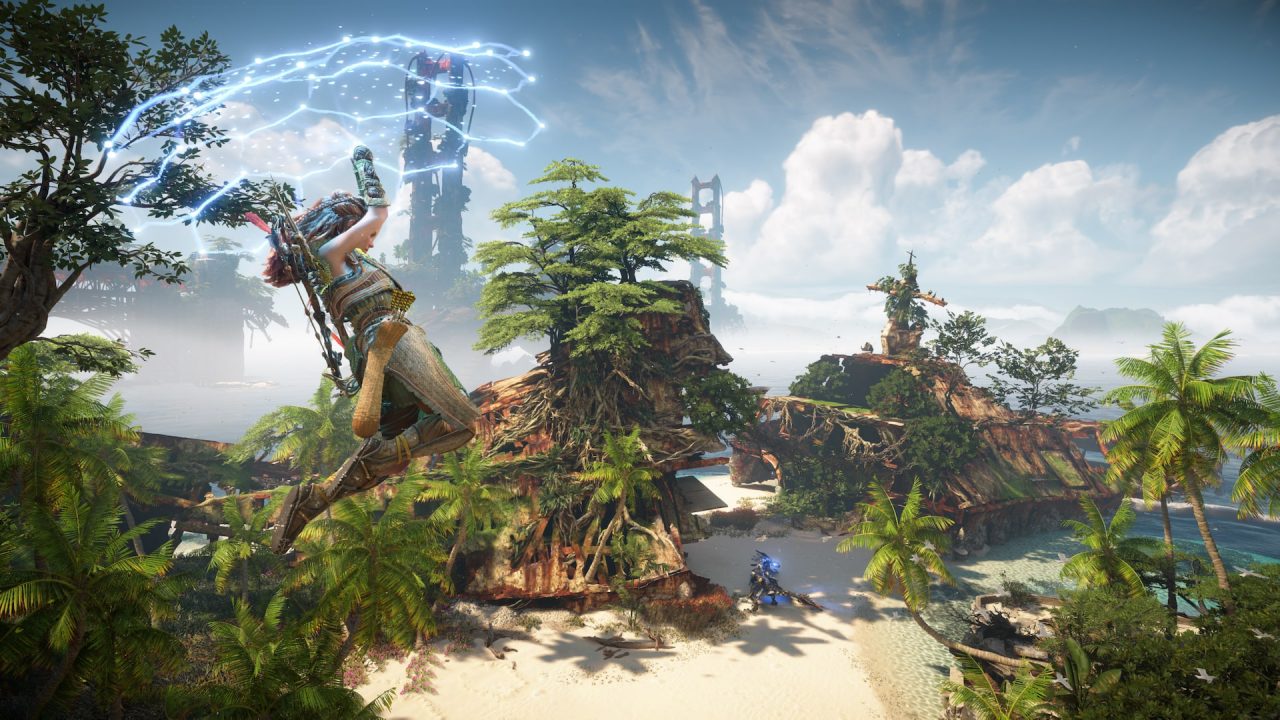 Horizon Forbidden West trofei: Aloy vola con il parapendio sulla costa
