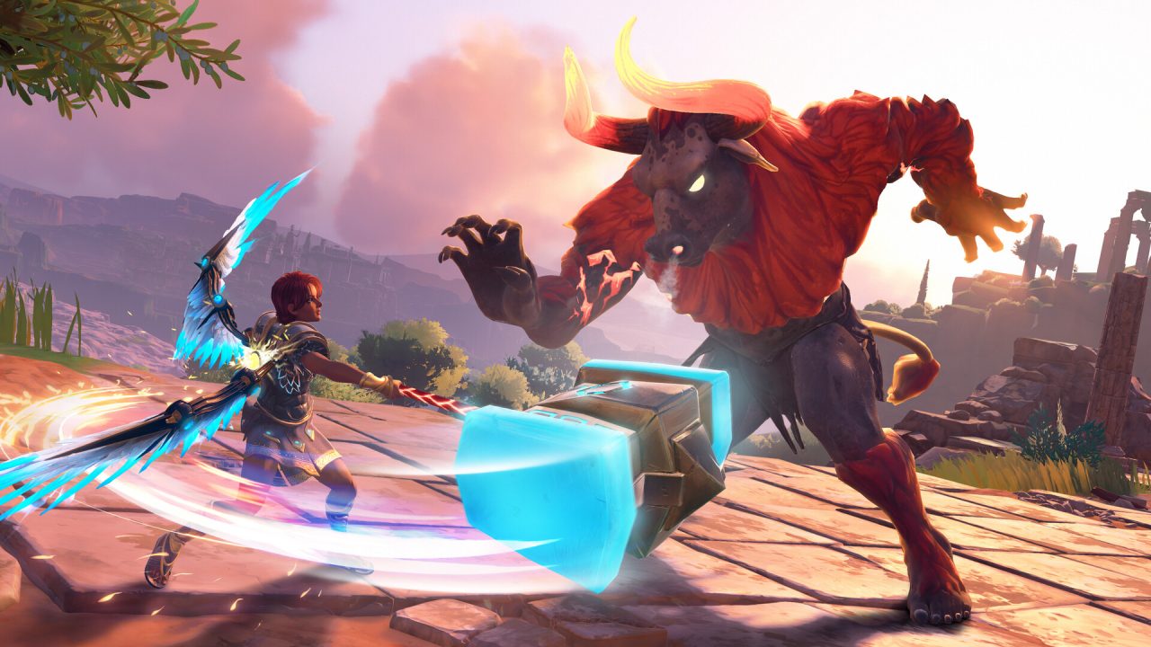 Platino di Immortals Fenyx Rising: Fenyx e un minotauro con un martello di ghiaccio