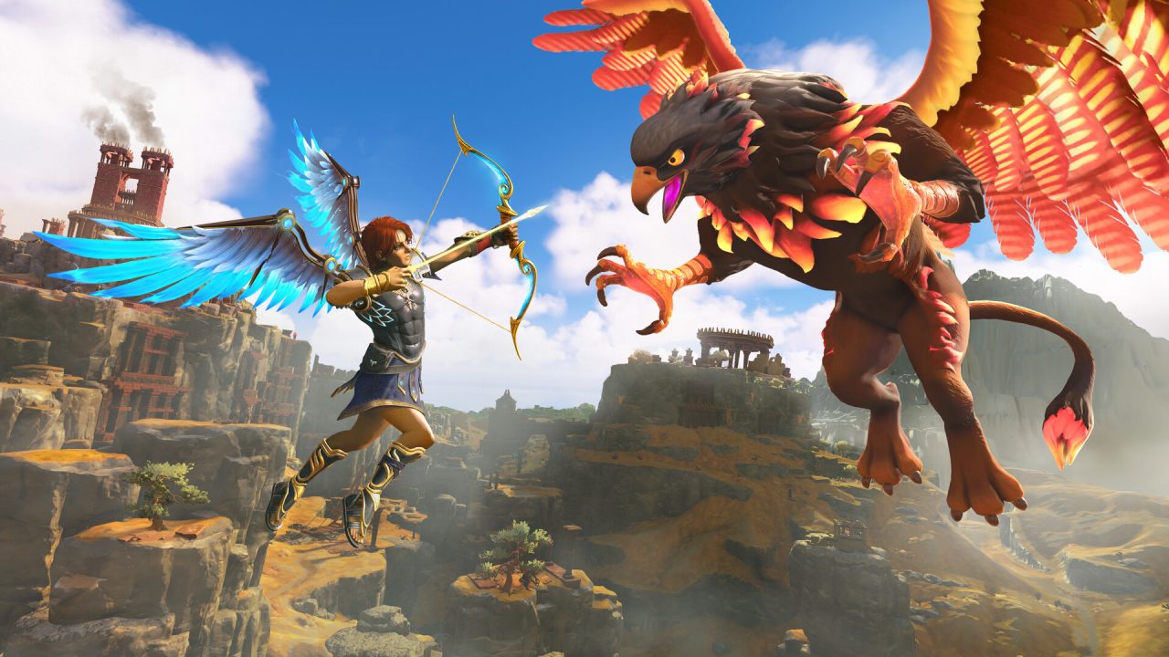 Immortals Fenyx Rising trofei: Fenyx con l'arco affronta un grifone in volo