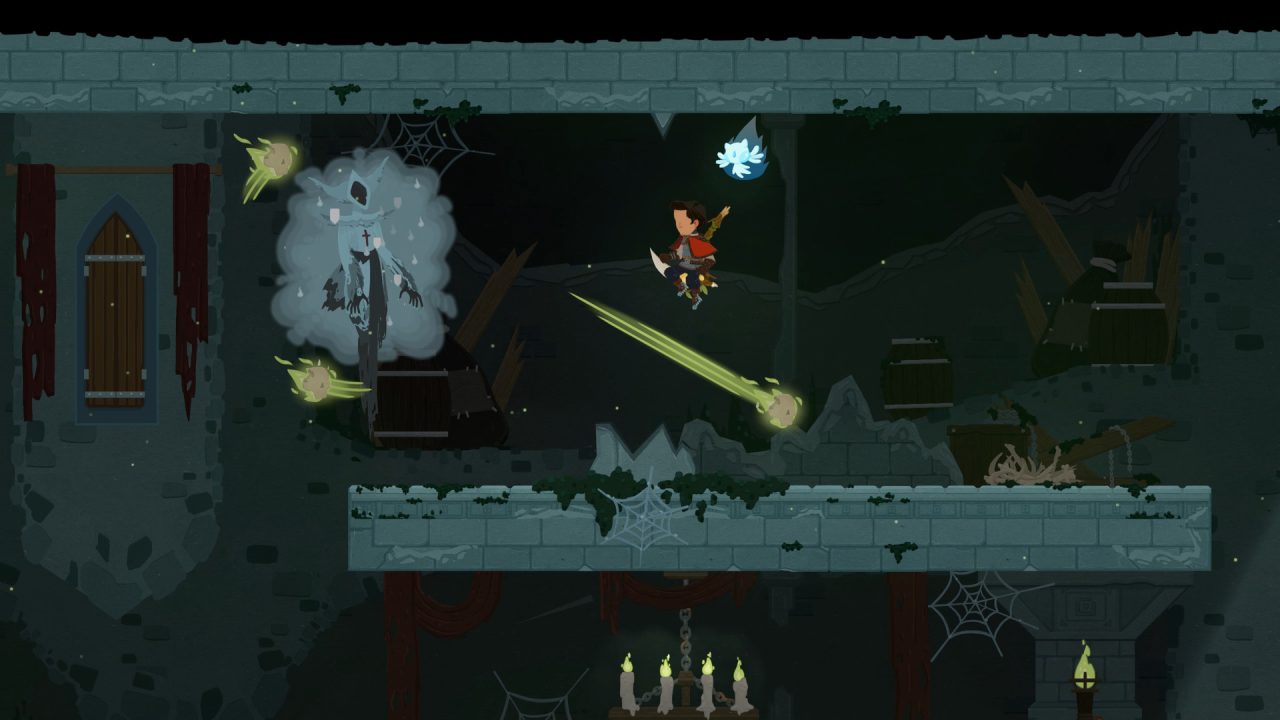 Platino di Legends of Ethernal: il protagonista in salto in una sala di pietra tra spettri e ragnatele